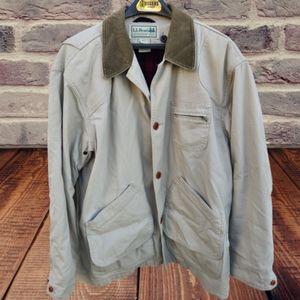 LL Bean Men Large Barn Field Coat PrimaLoft Liner Tan Canvas Button Up Jacket